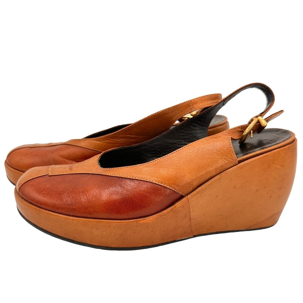 Nine West Vintage Y2K Leather Two Toned Brown Wedge Slingback Heels Size 7.5 - 8 - Picture 3 of 9